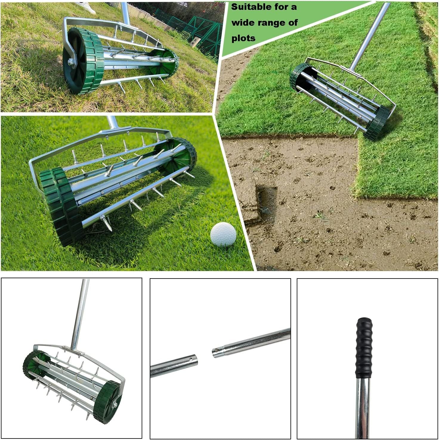 Heavy Duty Rolling Lawn Aerator,Rolling Lawn Aerator, Rotary Push Tine Spike Soil Lawn Aerator Gardening Tool with 3-Piece Long Steel Handle for Garden Yard Grass Maintenance,Garden Yard Rotary Push - JM Variety Store